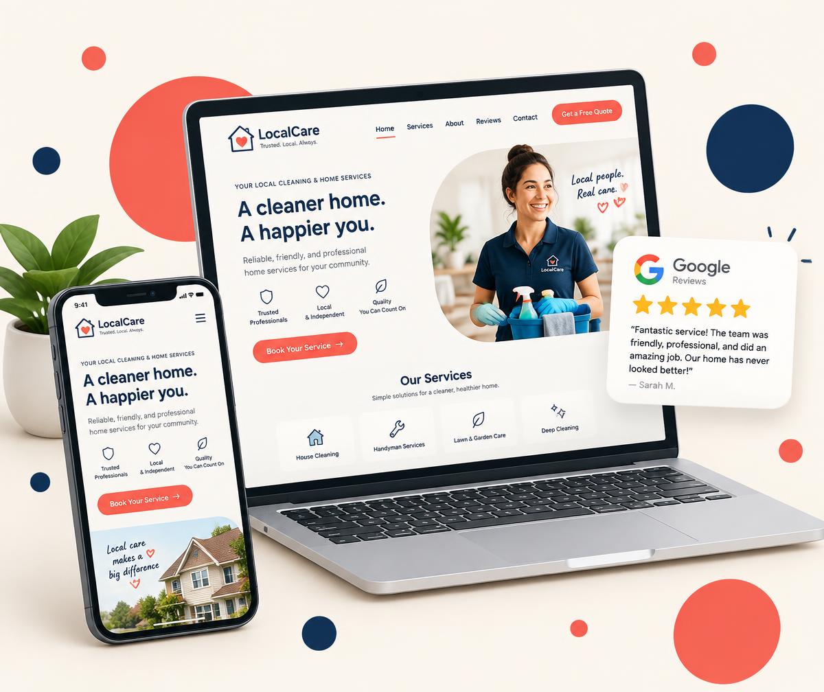 Laptop and phone showing a local business website next to a 5-star Google review card